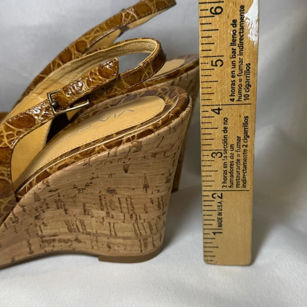 Via Spiga Brown Croc Embossed Leather Cork‎ Wedge Slingback Peep Toe Heels 9M